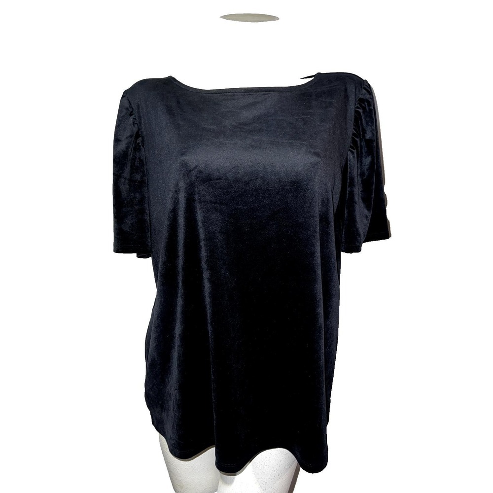 LOFT Womens Black Velvet Puff Sleeve Boat Neck Top XL Keyhole Back Blouse